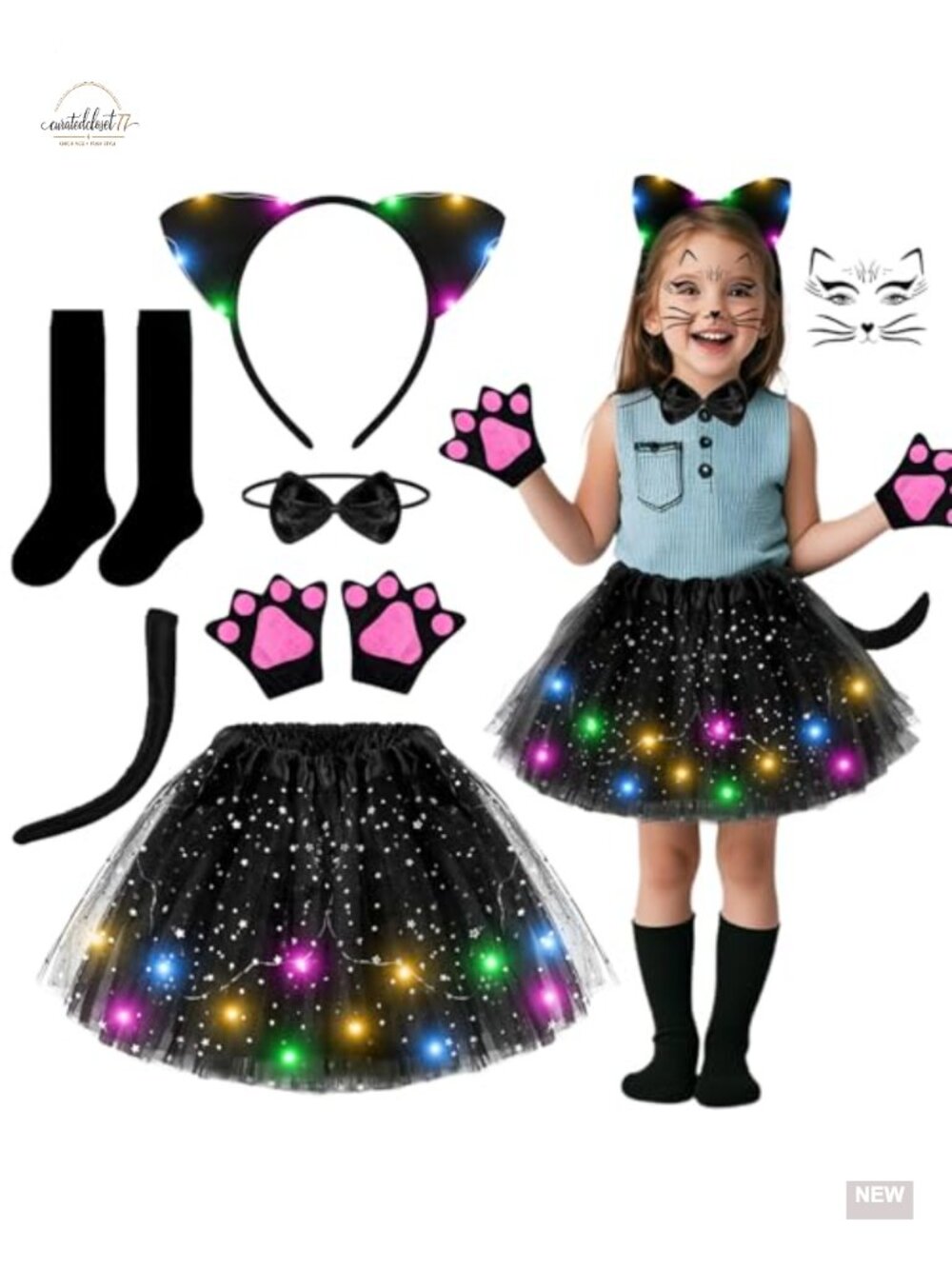 MOVINPE Girls Black Cat Costume LED Tutu Ear Headband 7-Piece Set Ages 3-8